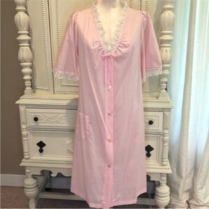 Vintage Shadowline Button Up Robe Pink Ribbon Lace details Lingerie Size Small